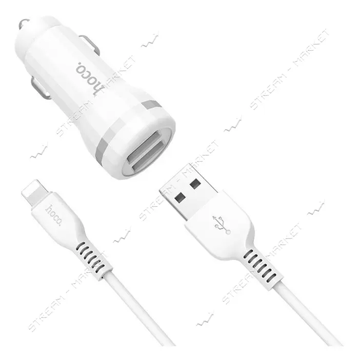 Автомобильное зарядное устройство Hoco Z27 Staunch with Lightning 2USB 2.4A белое