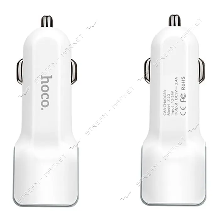 Автомобильное зарядное устройство Hoco Z23 grand style with lightning 2USB 2.4A белый               