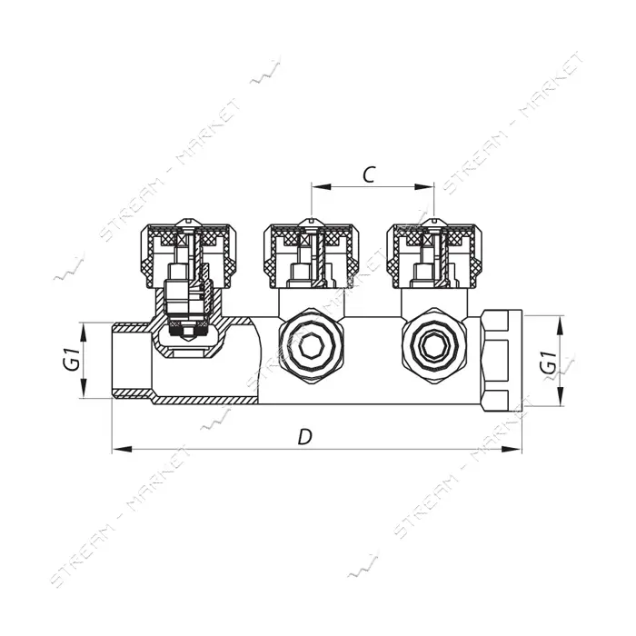 Коллектор вентильный с фитингом Koer 3/4" на 4 выхода KR.1121-4