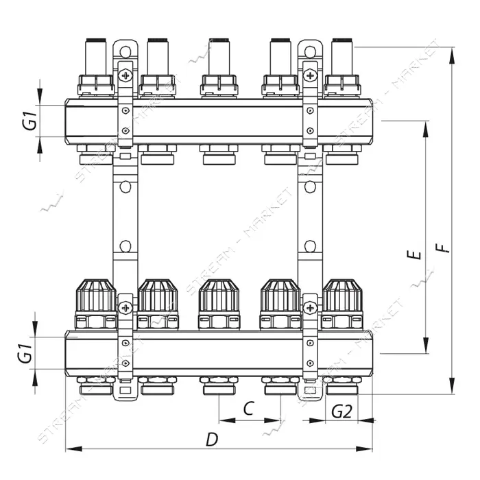 Коллекторный блок Koer KR 1110-05 с расходомерами 1"x5 WAYS без евроконуса