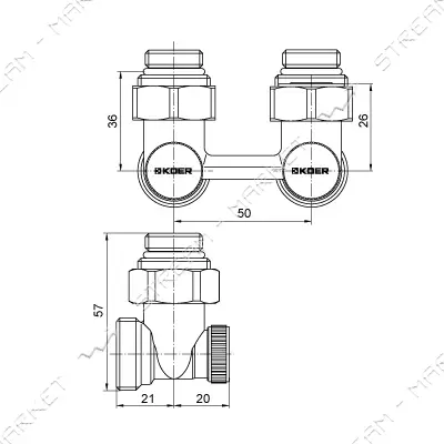 Узел нижнего подключения радиатора угловой 3/4'' Koer KR.1132 комплект
