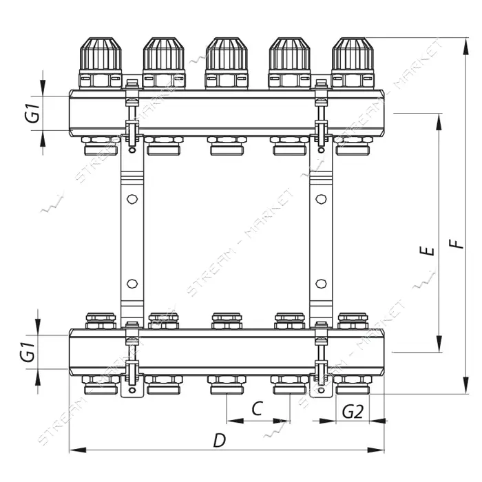 Коллекторный блок Koer KR 1100-2 с термостатическими клапанами Ways 1"x2 без евроконуса