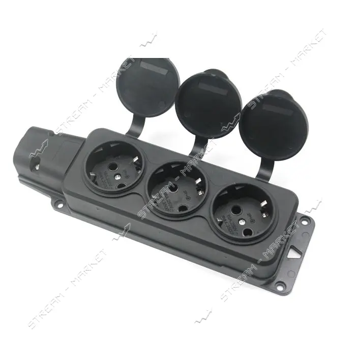 Колодка SVT Electric SVT-5703 3 гнезда с заземлением и крышкой каучук черная