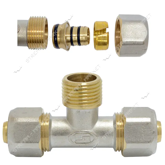 Тройник для металлопластиковых труб Gross 16х1/2"Нх16 разборной