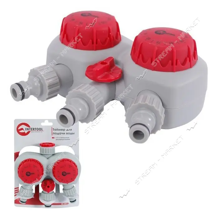 Таймер подачи воды Intertool GE-2012 для полива 2-х канальный автоматический с фильтром и 3 адаптера