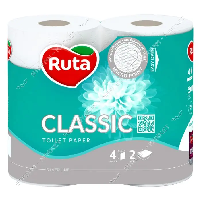 Туалетная бумага Ruta Classic белая 170 отрывов 2 слоя 4 рулона