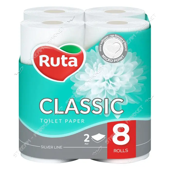 Туалетная бумага Ruta Classic белая 170 отрывов 2 слоя 8 рулонов                                    
