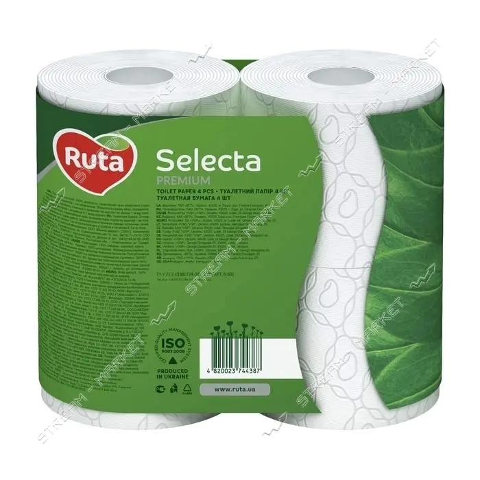 Туалетная бумага Ruta Selecta белая 150 отрывов 3 слоя 4 рулона                                     