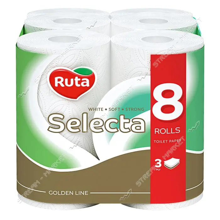 Туалетная бумага Ruta Selecta белая 150 отрывов 3 слоя 8 рулонов