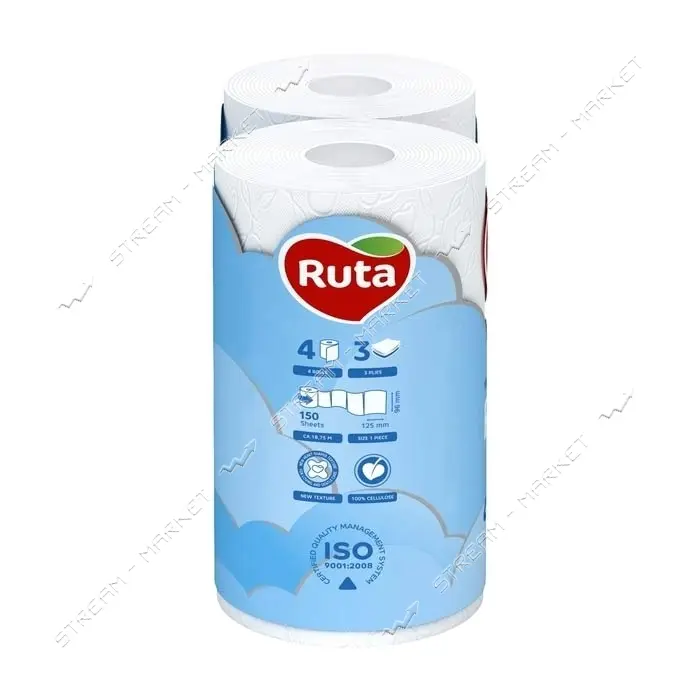 Туалетная бумага Ruta Pure White белая 150 отрывов 3 слоя 4 рулона                                  
