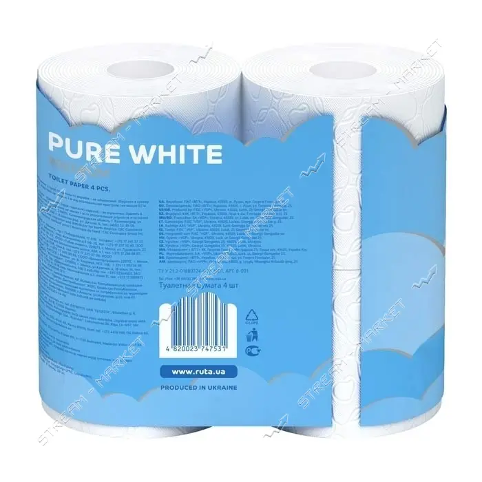 Туалетная бумага Ruta Pure White белая 150 отрывов 3 слоя 4 рулона                                  