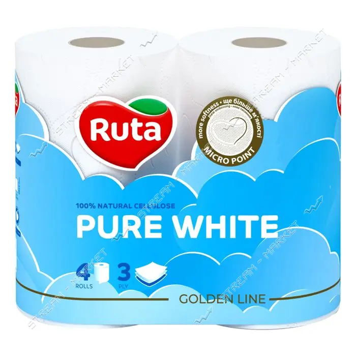 Туалетная бумага Ruta Pure White белая 150 отрывов 3 слоя 4 рулона                                  