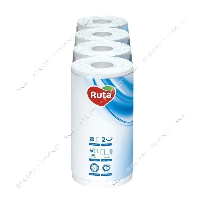 Туалетная бумага Ruta Pure White белая 150 отрывов 3 слоя 8 рулонов                                 