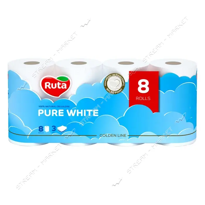Туалетная бумага Ruta Pure White белая 150 отрывов 3 слоя 8 рулонов                                 