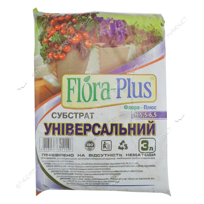 Торфосмесь грунт Flora Plus Универсальная 3л для рассады комнатных и садовых растений               