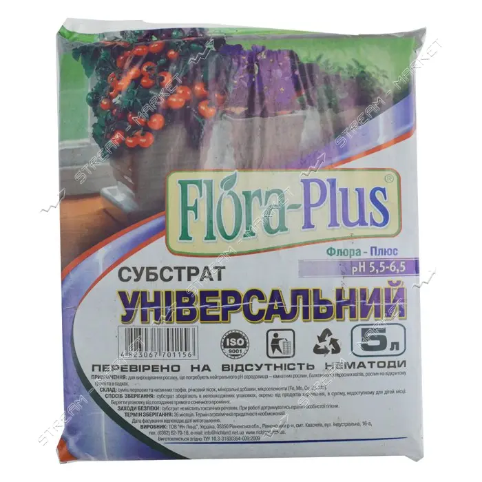 Торфосмесь грунт Flora Plus Универсальная 5л для рассады комнатных и садовых растений