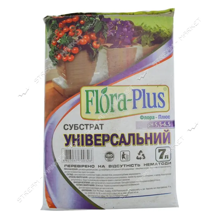 Торфосмесь грунт Flora Plus Универсальная 7л для рассады комнатных и садовых растений               
