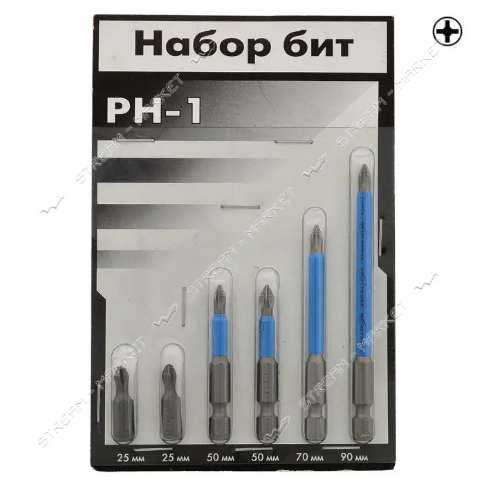 Набор бит на блистере РН-1x25мм 2шт РН-1x50мм 2шт РН-1x70мм 1шт РН-1x90мм 1шт