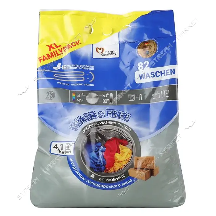 Порошок для стирки Wash and Free Универсальный со стружкой хозяйственного мыла 4,100кг