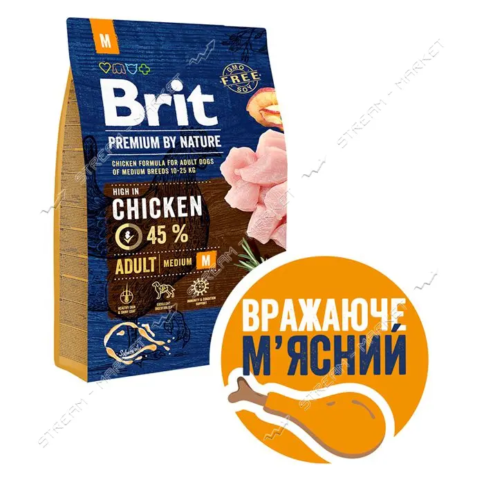 Сухой корм Brit Premium Dog Adult М для взрослых собак средних пород со вкусом курицы 3кг           
