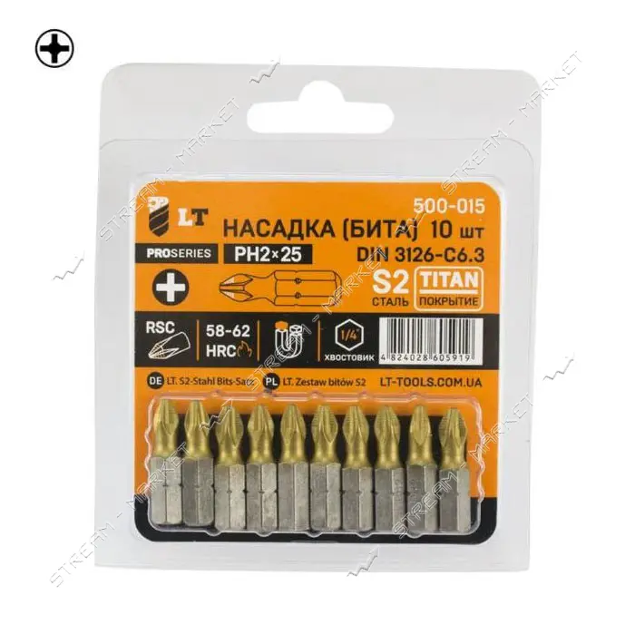 Бита LT/Maxidrill 500-015 РН2x25мм 1/4" S2 Титан 10шт блистер                                       