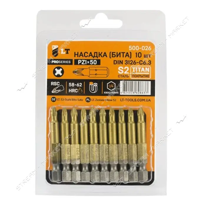 Бита LT/Maxidrill 500-028 РZ2x50мм 1/4" S2 Титан 10шт блистер                                       