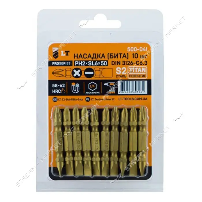 Бита LT/Maxidrill 500-041 PН2xSL6x50мм 1/4" S2 Титан 10шт блистер