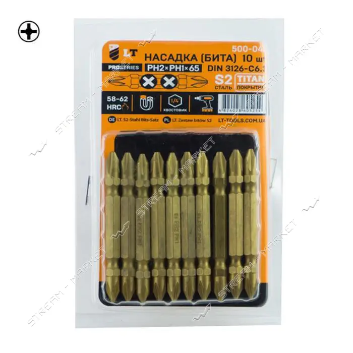 Бита LT/Maxidrill 500-040 PН2xPH1x65мм 1/4" S2 Титан 10шт блистер