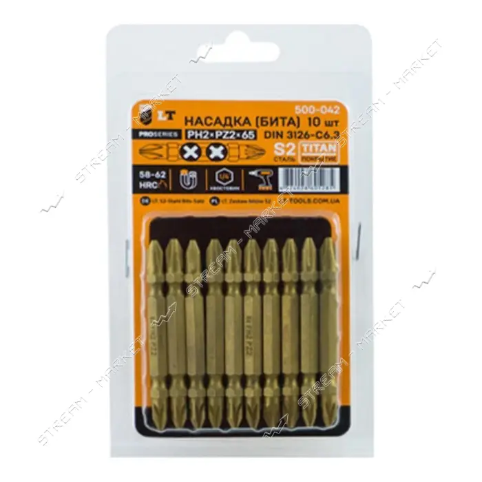 Бита LT/Maxidrill 500-042 PН2xPZ2x65мм 1/4" S2 Титан 10шт блистер
