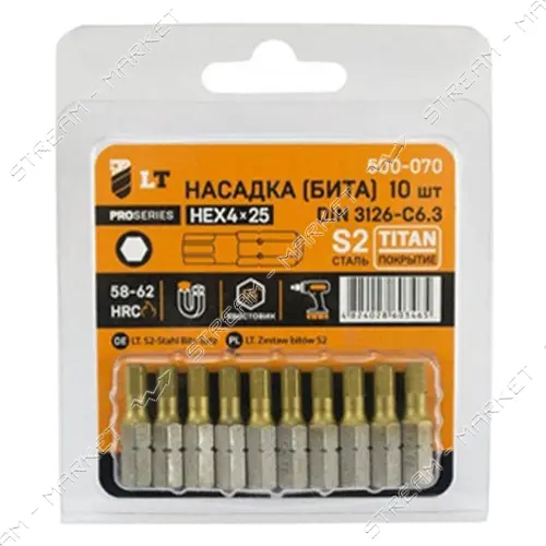 Бита LT/Maxidrill 500-070 НЕХ 4x25мм 1/4" S2 Титан 10шт блистер                                     