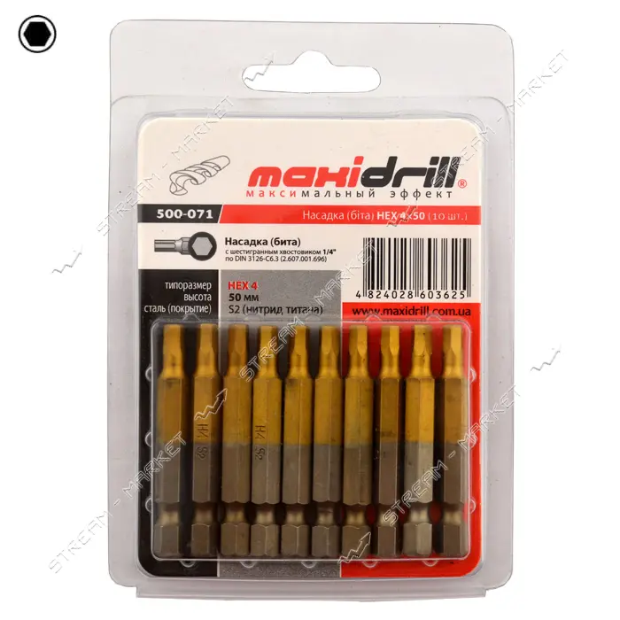 Бита LT/Maxidrill 500-071 НЕХ 4x50мм 1/4" S2 Титан 10шт блистер