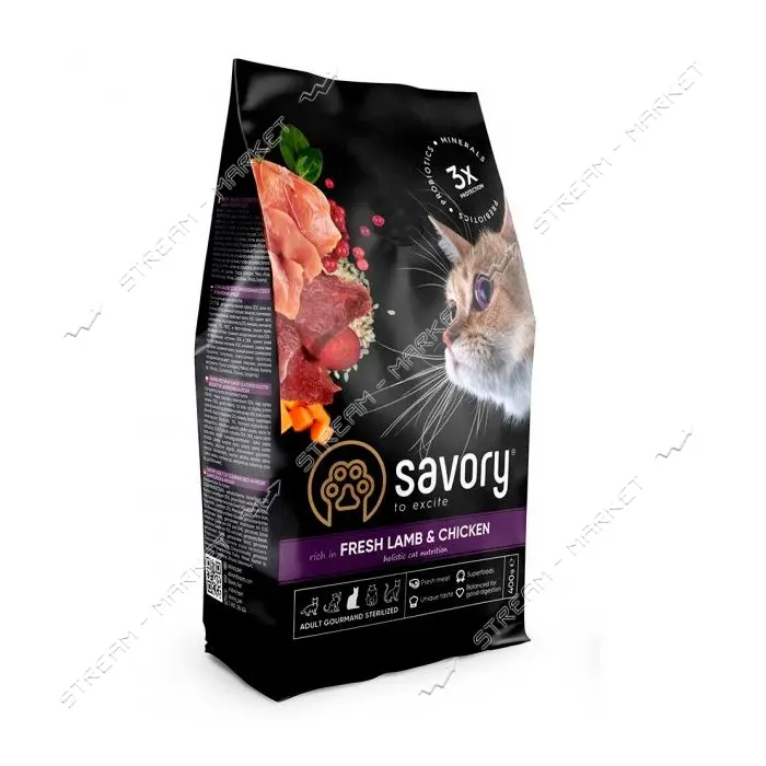Сухой корм для стерилизованных котов Savory Ягненок и курица 400гр