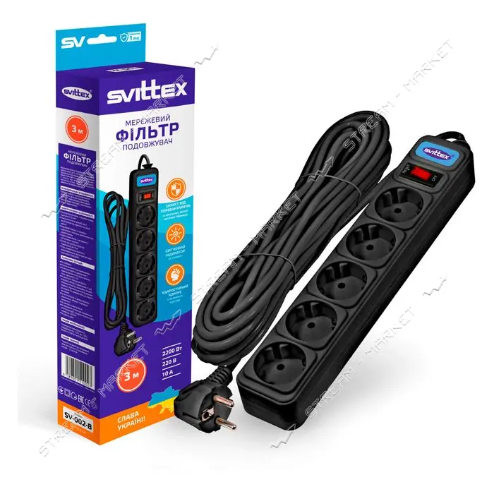 Сетевой фильтр Svittex SV-002 5 гнезд 3м с заземлением и выключателем 3х0.75мм2 10А черный