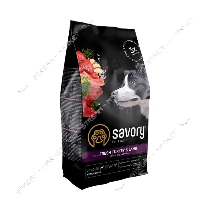 Сухой корм Savory для собак средних пород Индейка и ягненок 1кг