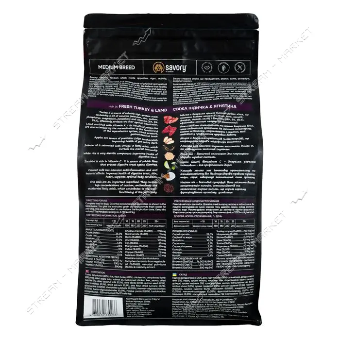 Сухой корм Savory для собак средних пород Индейка и ягненок 3кг