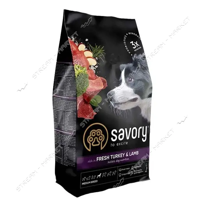Сухой корм Savory для собак средних пород Индейка и ягненок 3кг