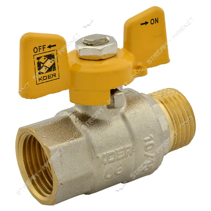 Шаровый кран Koer 1/2" В/Н с желтой ручкой бабочкой газ латунный шар 161 гр                         