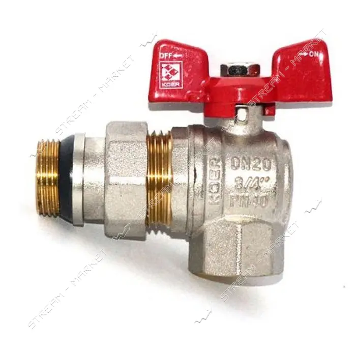 Шаровой кран с американкой угловой KOER KR 228-Gi 3/4" В/Н PN40 Антипротечка с красной ручкой       