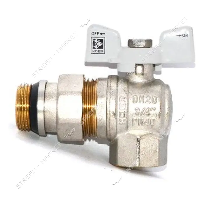 Шаровой кран с американкой угловой KOER KR 228-W-Gi 3/4" В/Н PN40 Антипротечка с белой ручкой       