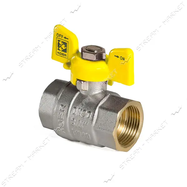 Шаровый кран Koer 3/4" В/В с желтой ручкой рычаг газ латунный шар 233 гр                            