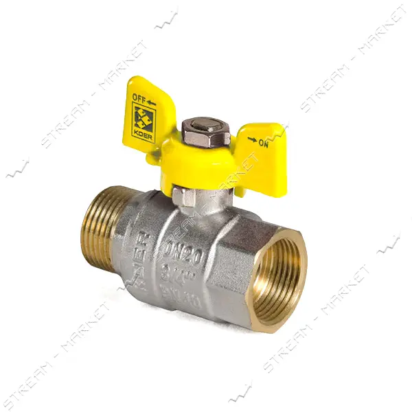 Кран Koer 3/4" В/Н бабочка газ желтая латунный шар KR.218.G PN40 242г