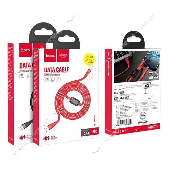 Кабель Hoco S4 Micro USB 2.4А длина 1.2м черный с таймером