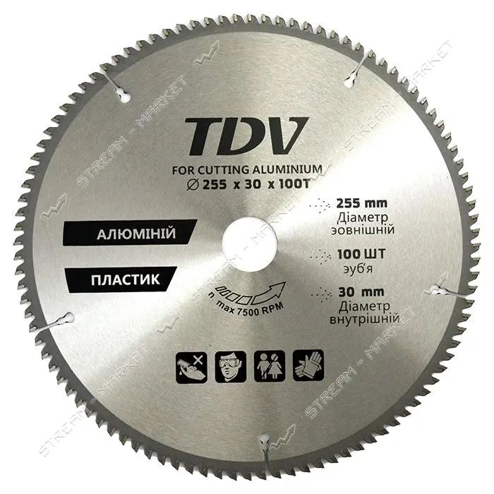 Диск пильный по алюминию и пластику TDV 255x30мм 100 зубов твердосплавные напайки                   