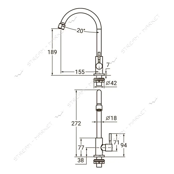 Смеситель для ванны Aquatica 9719221 HT-2C271P гусак прямой 325мм картридж 35мм нерж                