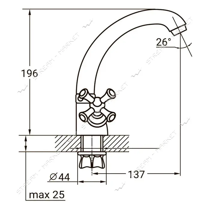 Смеситель для кухни Aquatica PL-4B355C гусак короткий ухо на гайке кранбукса 1/2"