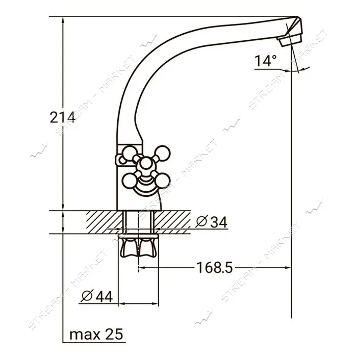 Смеситель для кухни Aquatica PL-4B255C Г-гусак на гайке кранбукса 1/2"