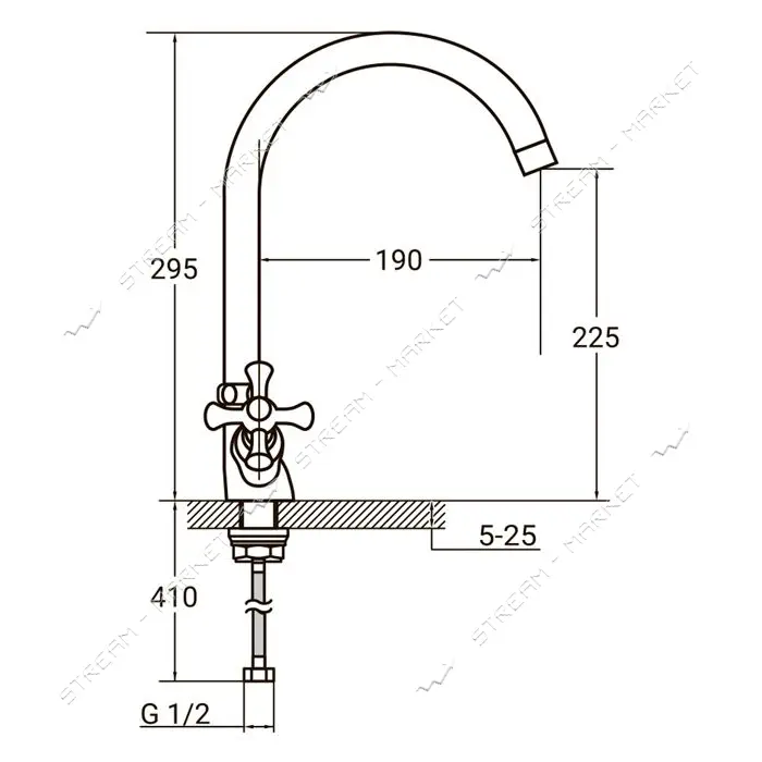 Смеситель для кухни Aquatica PL-4B455C гусак высокий ухо на гайке кранбукса 1/2"                    