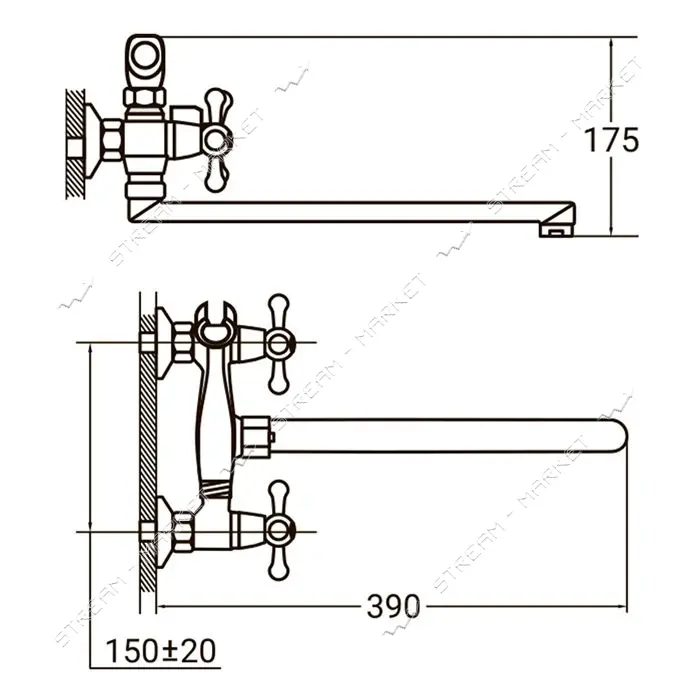 Смеситель для ванны Aquatica 9780200 PM-2C257C гусак прямой 350мм кранбукса 1/2"