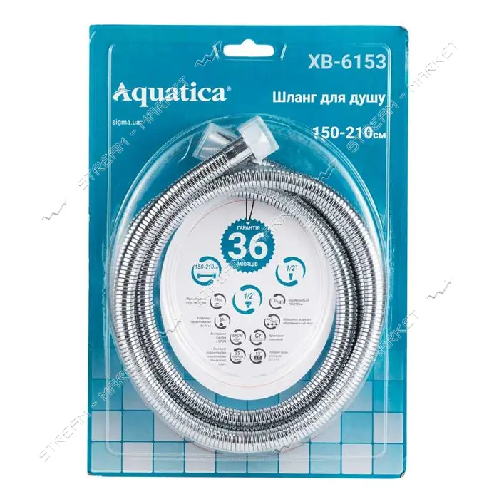 Шланг для душа Aquatica 9792010 1/2" усиленный хромированный растяжной с подшипником 150-210см