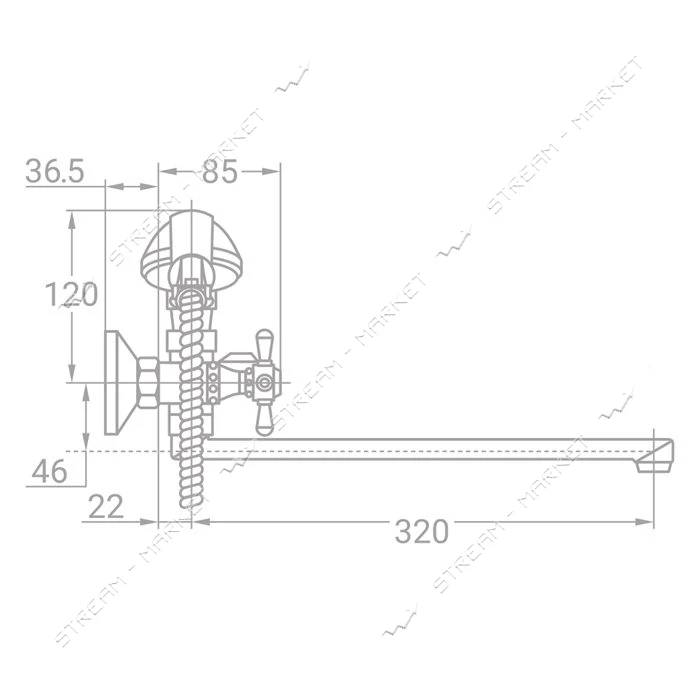 Смеситель для ванны Aquatica Tau 9885210 VN-2C260C гусак прямой 350мм кран-букса 1/2"               